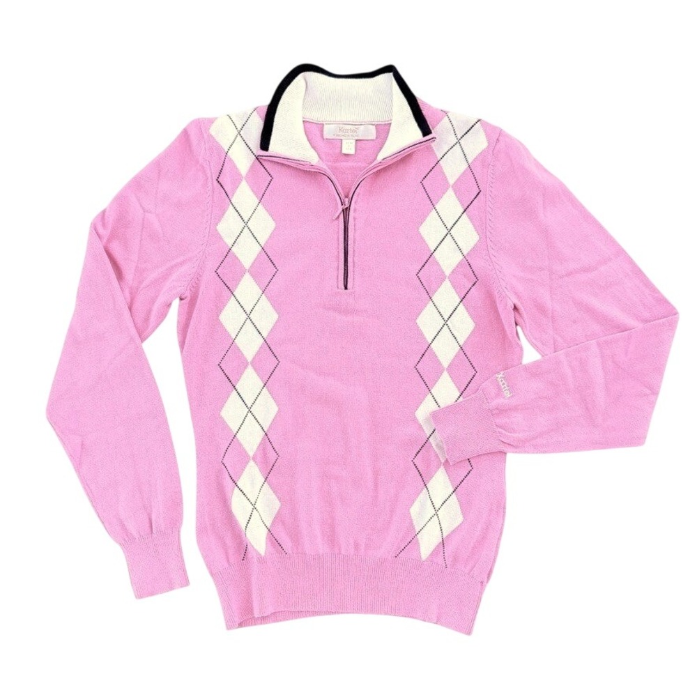 Kartel Elena Argyle Quarter Zip Golf Sweater Size 6 Pink Cotton Preppy Sporty